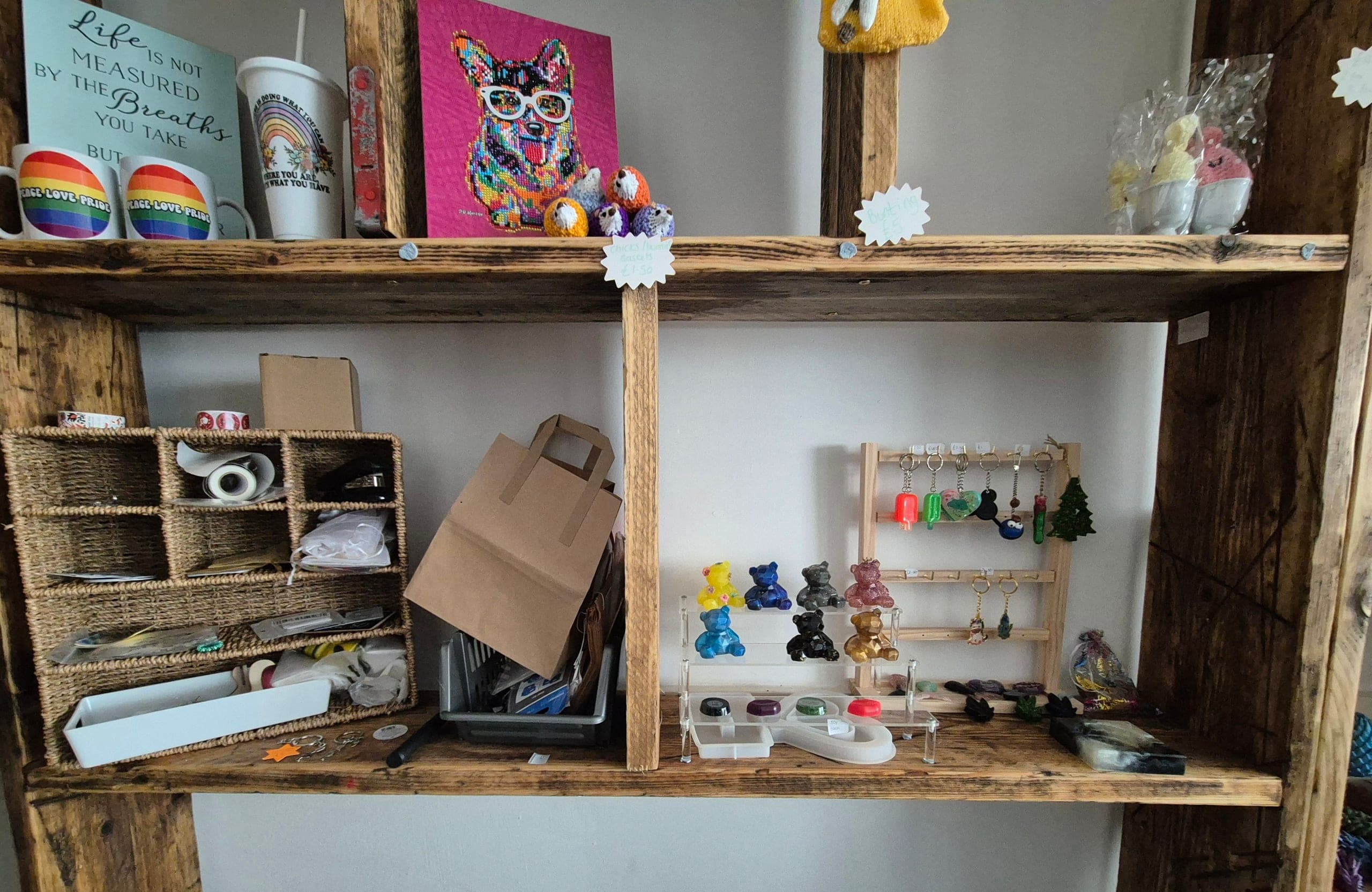 Handmade goods from local makers on the artisan wall at Tudor House