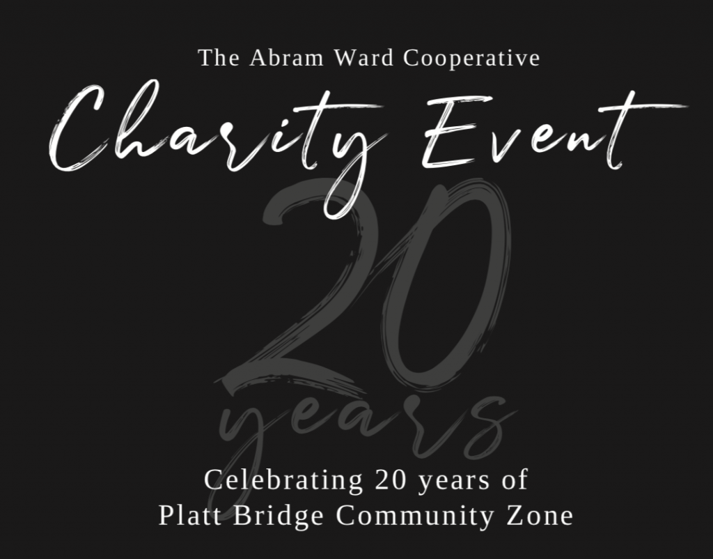 A graphic for the Abram Ward Cooperative charity event celebrating 20 years of Platt Bridge Community Zone