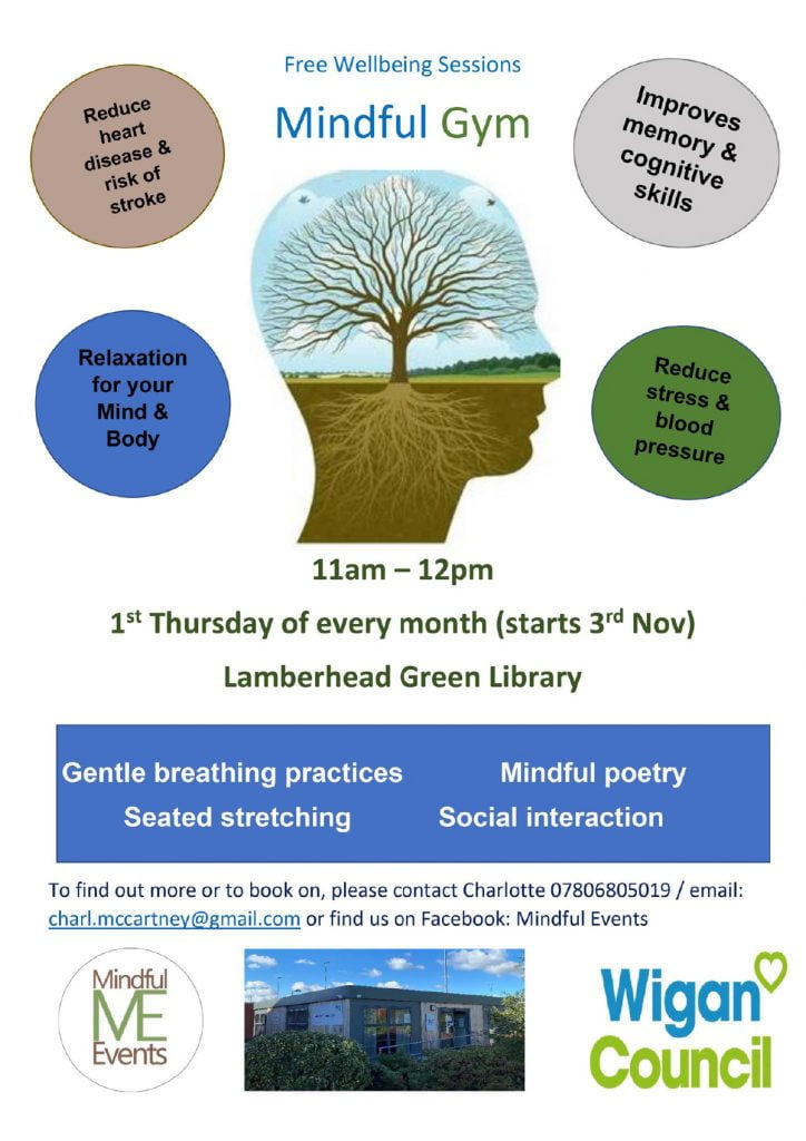 A flyer for free Mindful Gym wellbeing sessions at Lamberhead Green Library, run with Wigan Council