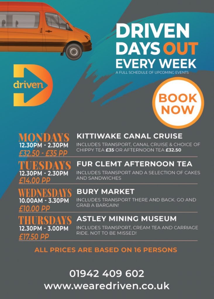 A Driven flyer listing the weekly days out, from the Kittiwake canal cruise to Astley Mining Museum, with prices and booking details